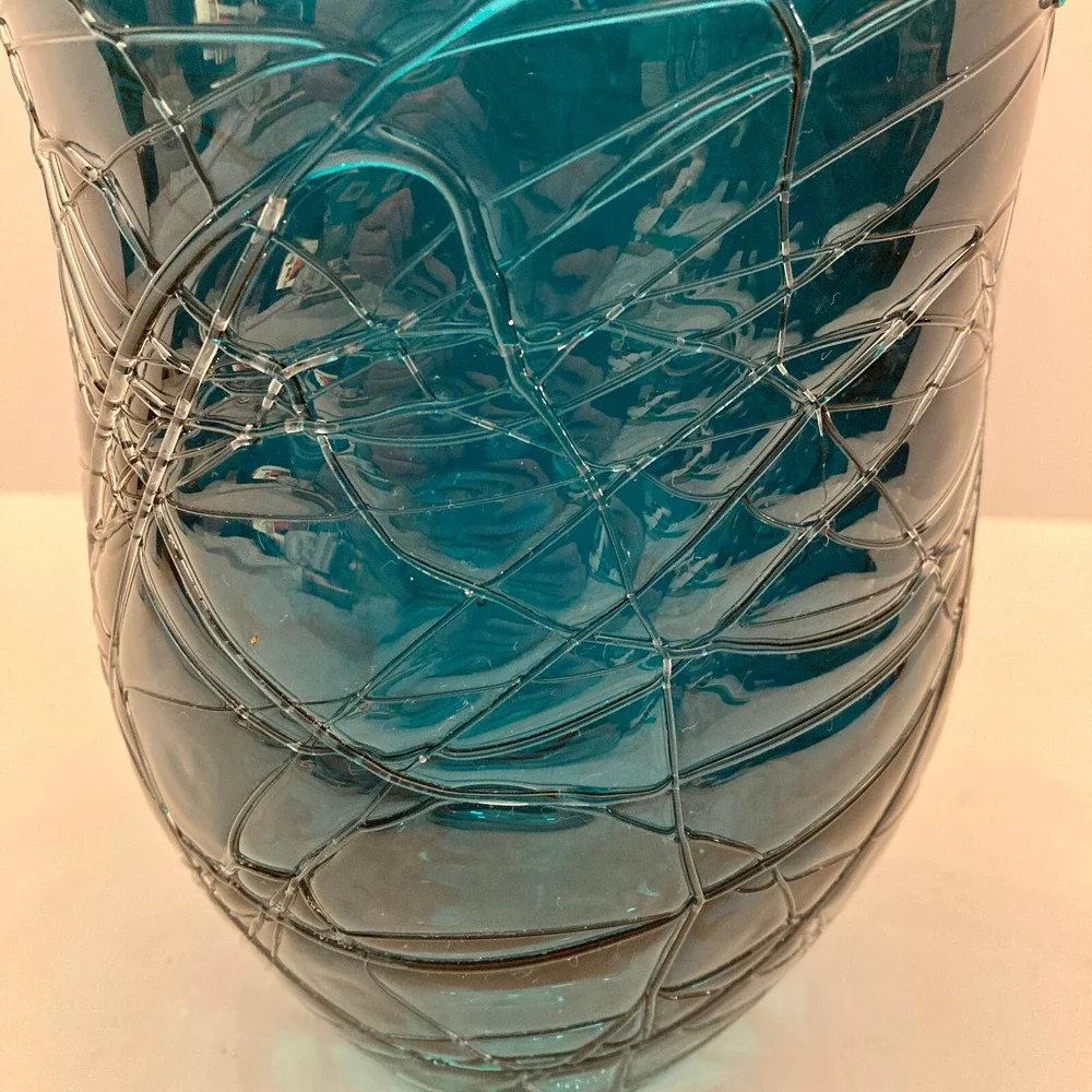 Vintage Hand Blown Threaded Thick Art Glass Vase 8.5